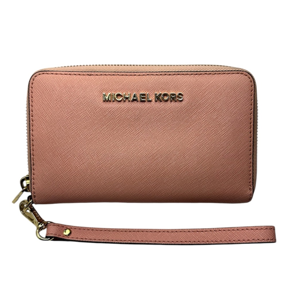 Michael Kors EUC Pink Saffiano Leather Jet Set Wallet with Strap